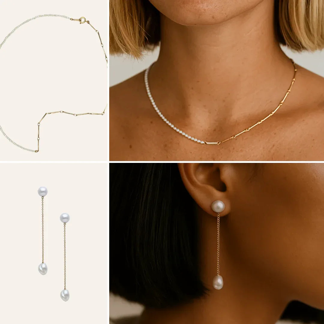 Parure Teri composée d’un collier bi-matière et de boucles d’oreilles assorties, portée et en détail, idée cadeau élégante et faite main en France – KoolKado